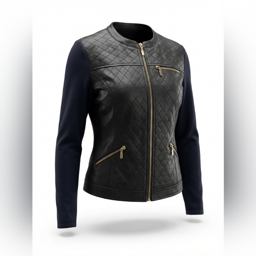 Joseph Ribkoff Black Quilted Moto Jacket Gold Zippers Size 8